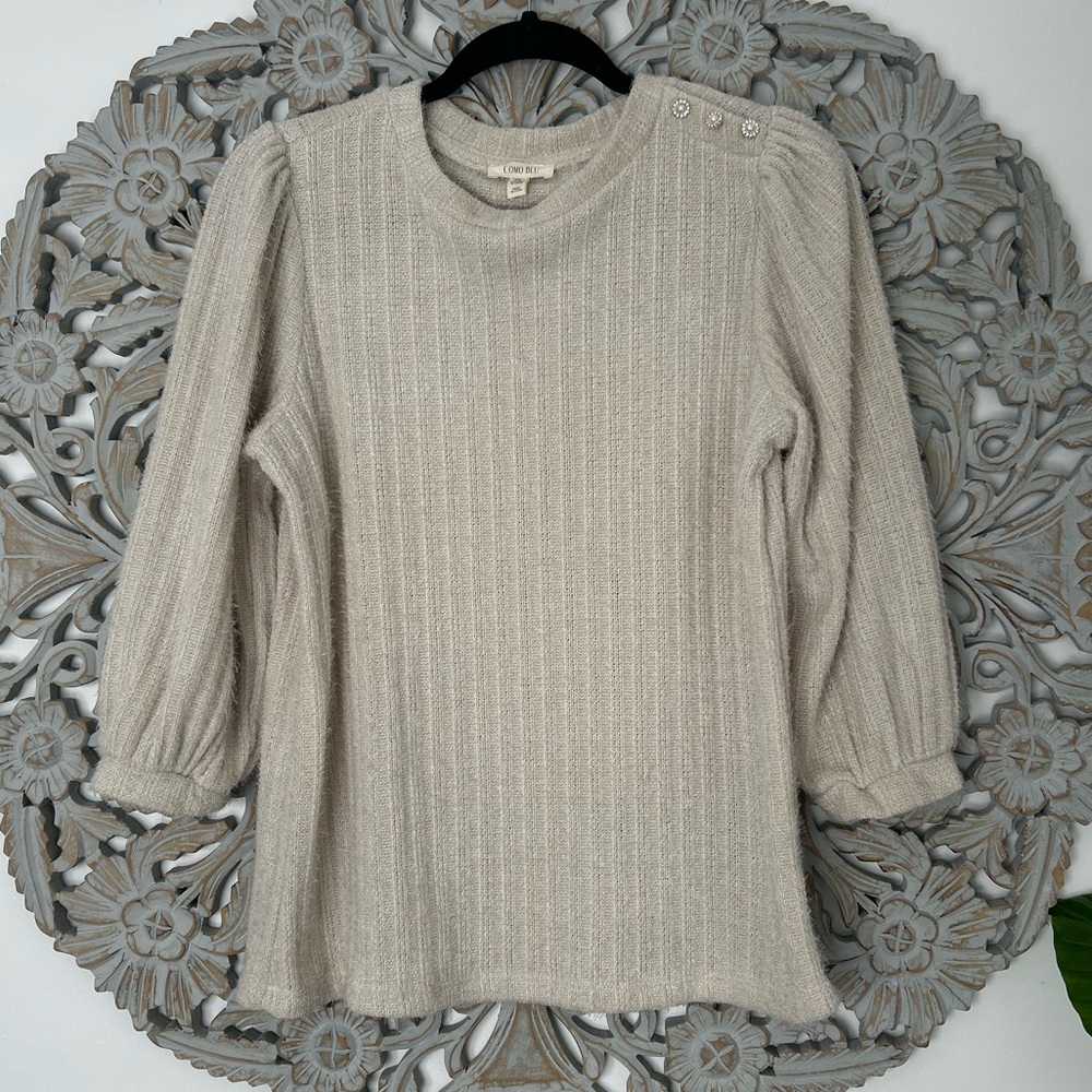 Como Blu Cream Puff Sleeve Fuzzy Sweater with Embroidered Diamond, Size M